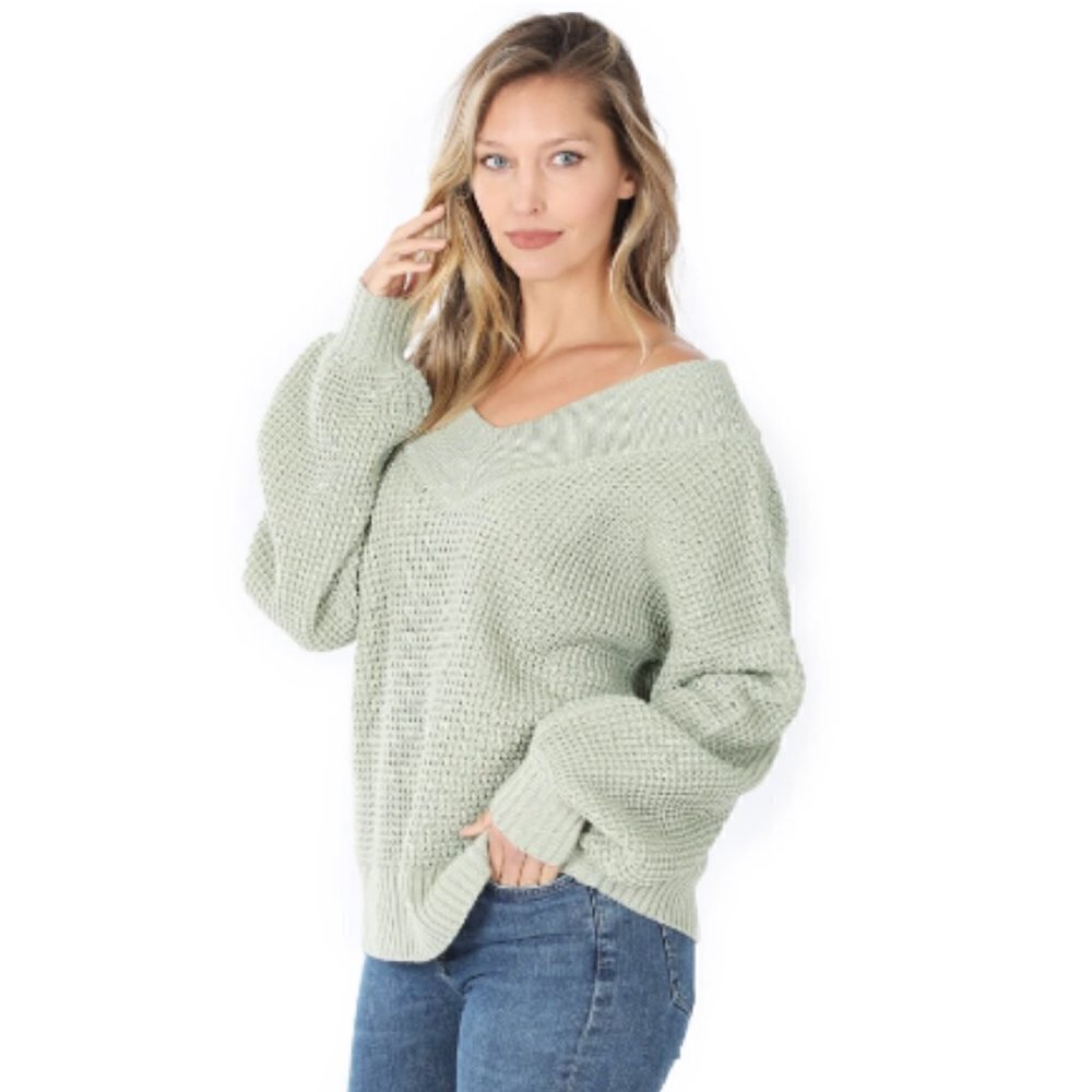 Zenana Green‎ Knit Balloon Sleeve V-Neck Pullover Sweater S